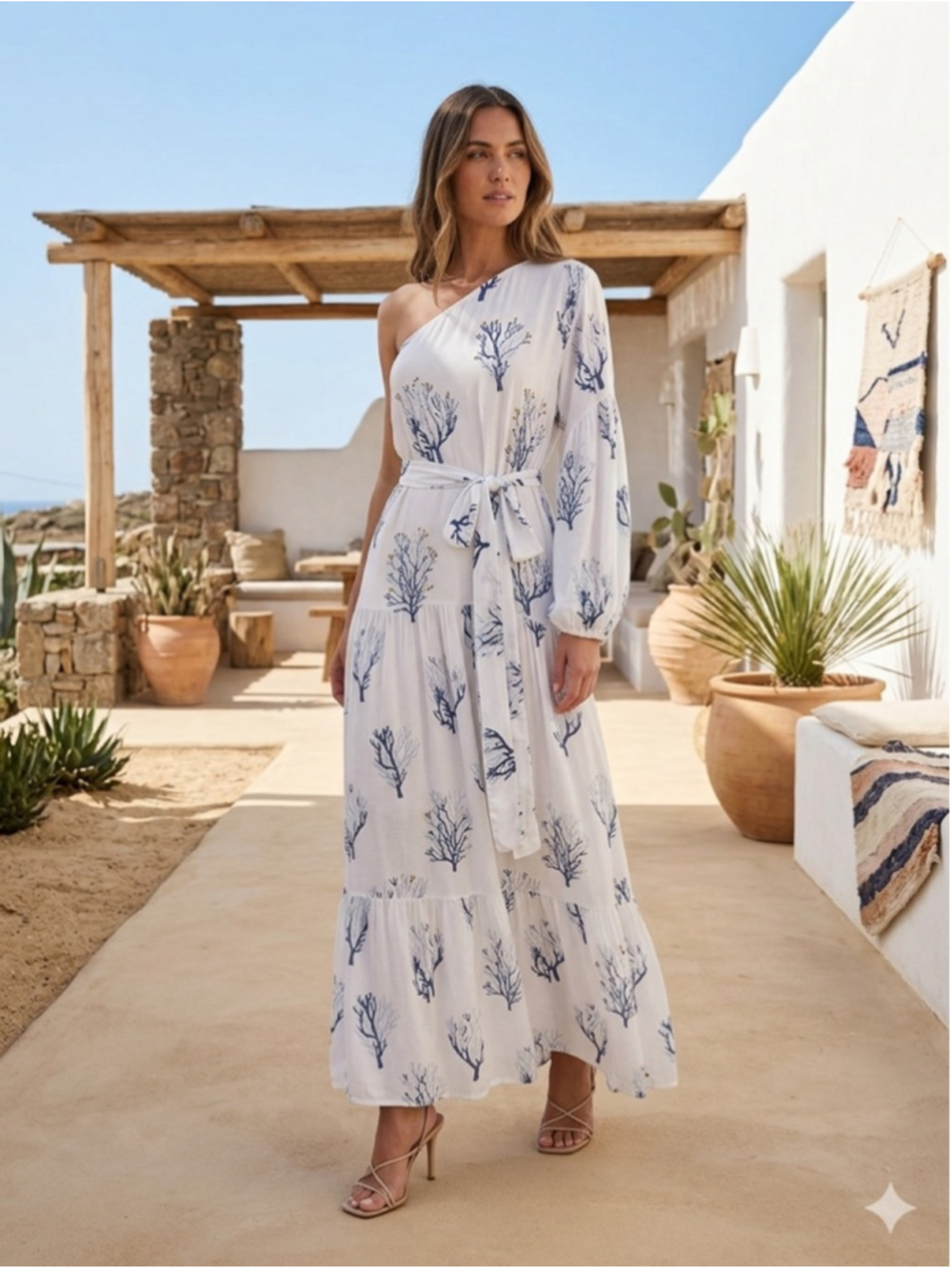 Skemo Coral Beaded One-Shoulder Maxi Dress Boho Resort White Blue Small